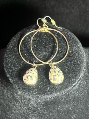 Gold Toned Dalmatian Jasper Dangly Hoop Earrings